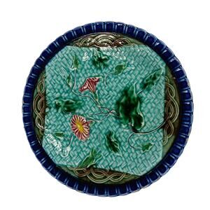 Vintage Majolica Plate with Morning Glory Circa 1900 Green and Blue 7.75" diam